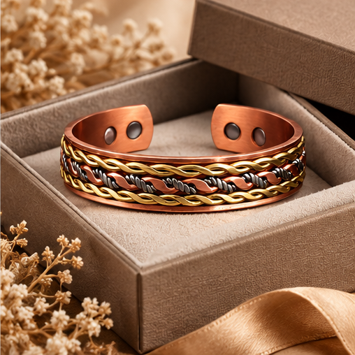 ATLAS | Pulsera Rígida de Cobre Trenzada con Imanes, Estilo Ancho