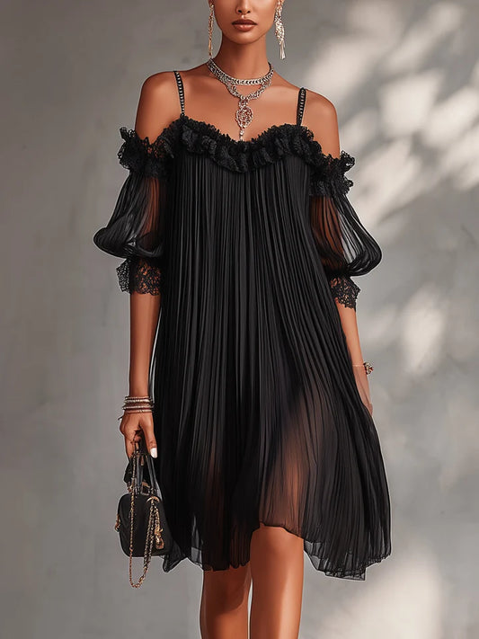 Vittoria | Vestido Mini Negro de Chifón con Hombros Descubiertos