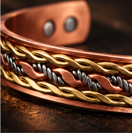 ATLAS | Pulsera Rígida de Cobre Trenzada con Imanes, Estilo Ancho