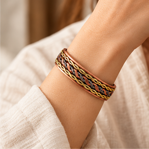 ATLAS | Pulsera Rígida de Cobre Trenzada con Imanes, Estilo Ancho