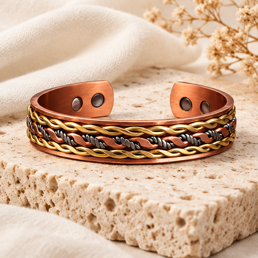 ATLAS | Pulsera Rígida de Cobre Trenzada con Imanes, Estilo Ancho