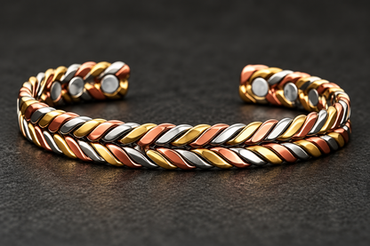 TRIANA| Pulsera Rígida de Cobre Trenzada Tricolor con Imanes