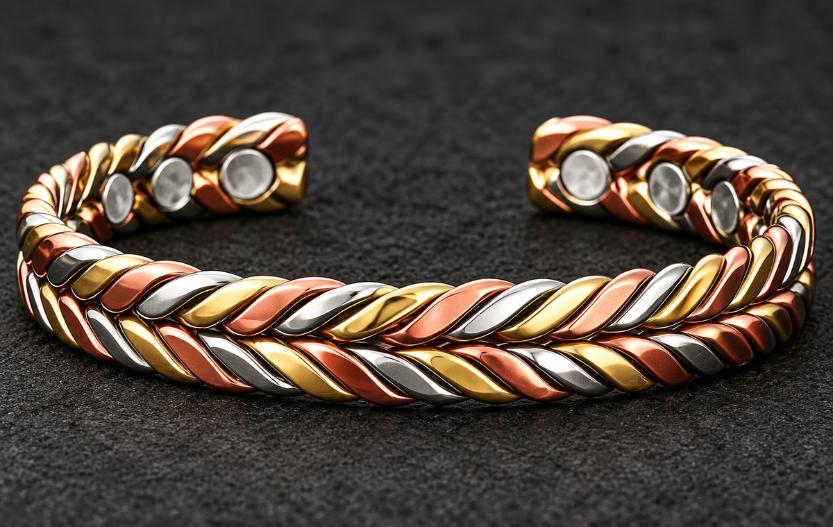 TRIANA| Pulsera Rígida de Cobre Trenzada Tricolor con Imanes