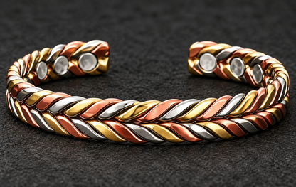 TRIANA| Pulsera Rígida de Cobre Trenzada Tricolor con Imanes