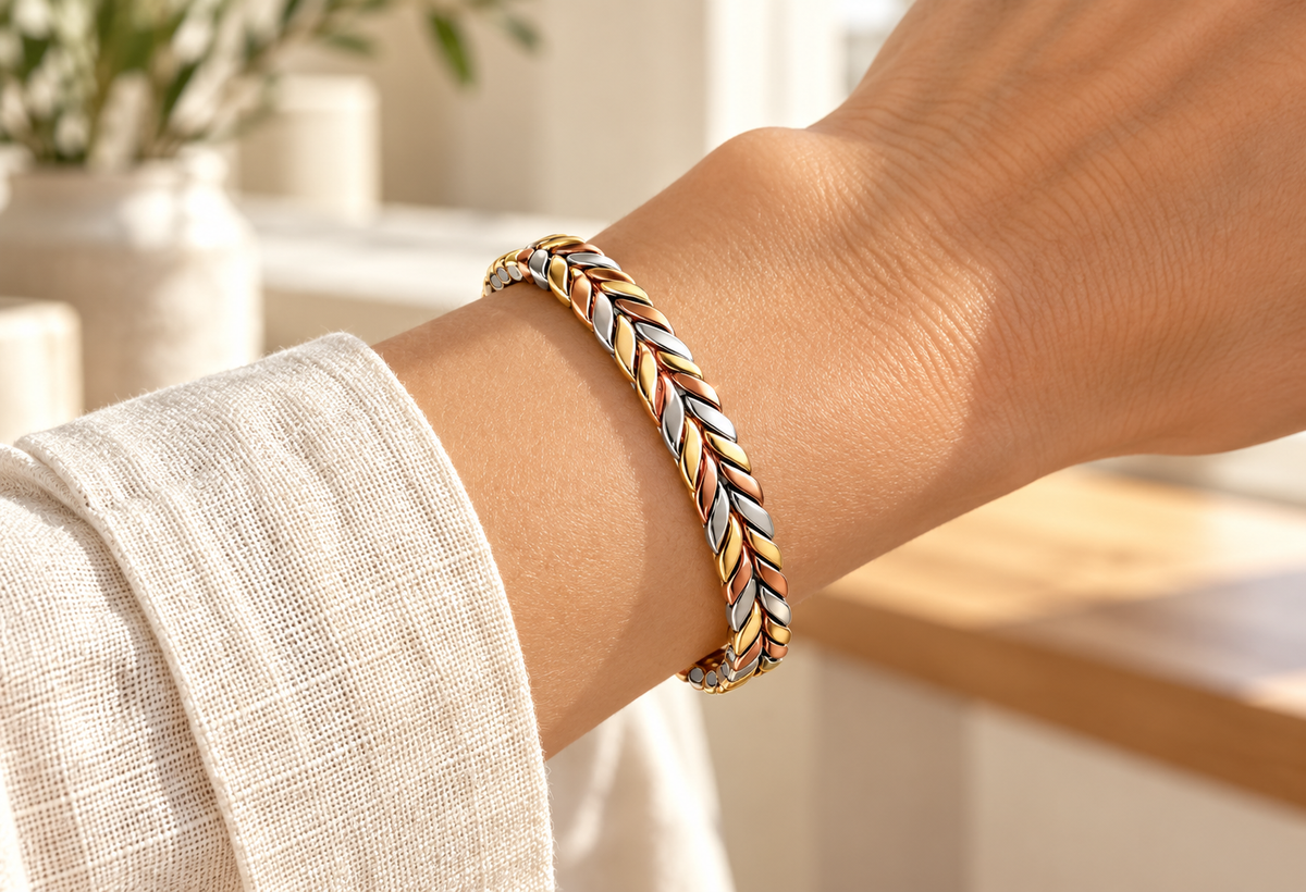 TRIANA| Pulsera Rígida de Cobre Trenzada Tricolor con Imanes
