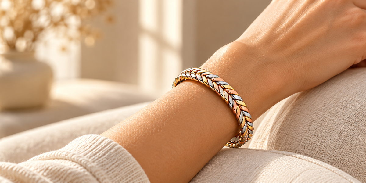 TRIANA| Pulsera Rígida de Cobre Trenzada Tricolor con Imanes