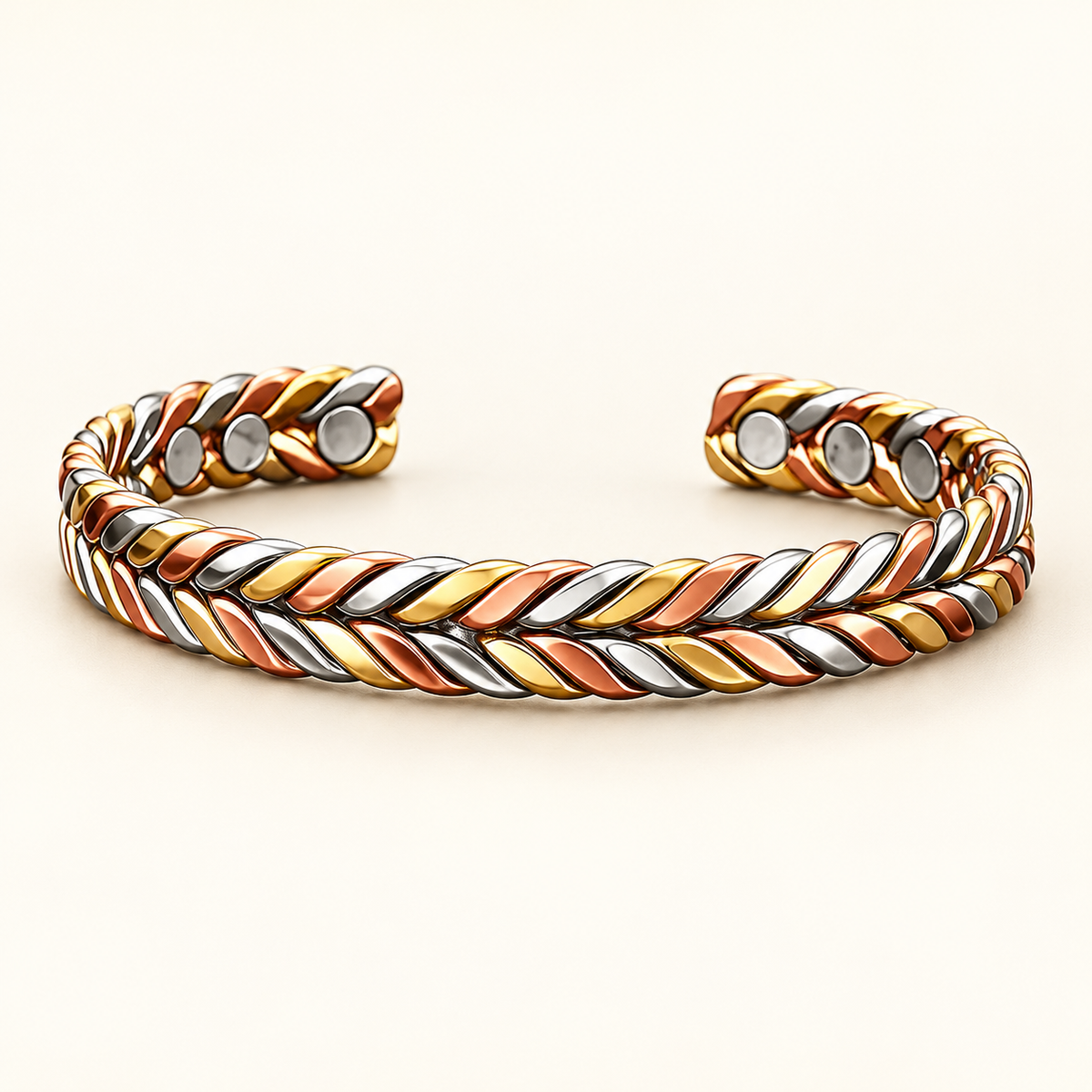TRIANA| Pulsera Rígida de Cobre Trenzada Tricolor con Imanes