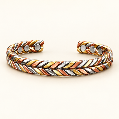 TRIANA| Pulsera Rígida de Cobre Trenzada Tricolor con Imanes
