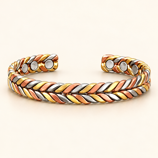 TRIANA| Pulsera Rígida de Cobre Trenzada Tricolor con Imanes