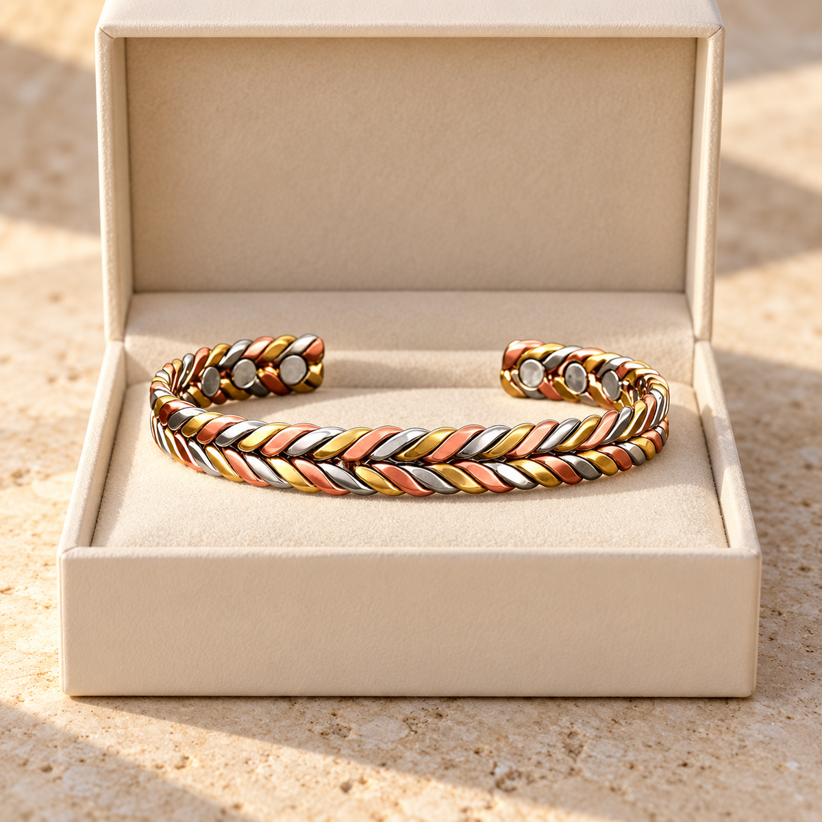 TRIANA| Pulsera Rígida de Cobre Trenzada Tricolor con Imanes