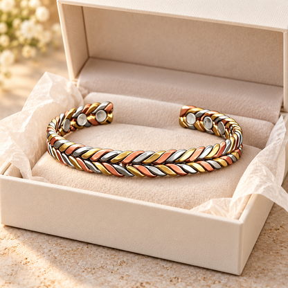 TRIANA| Pulsera Rígida de Cobre Trenzada Tricolor con Imanes